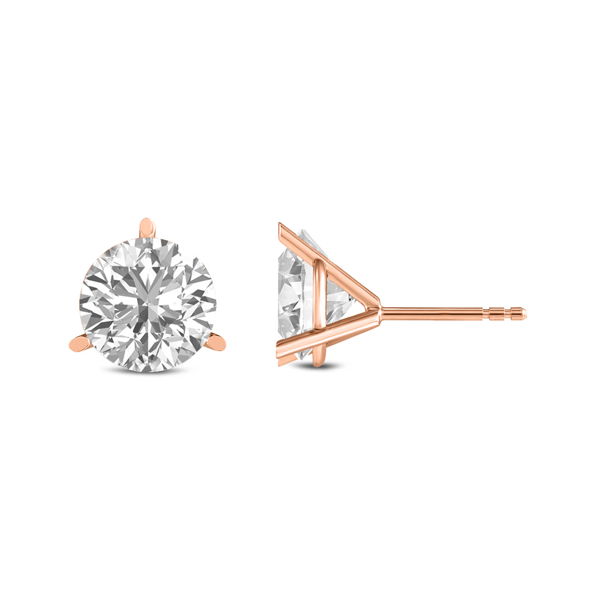 Round Solitaire Lab grown Diamond Earring Studs in 14 Karat Gold 3 Prong Martini Setting