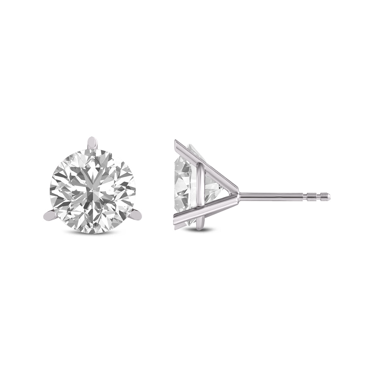 Round Solitaire Lab grown Diamond Earring Studs in 14 Karat Gold 3 Prong Martini Setting