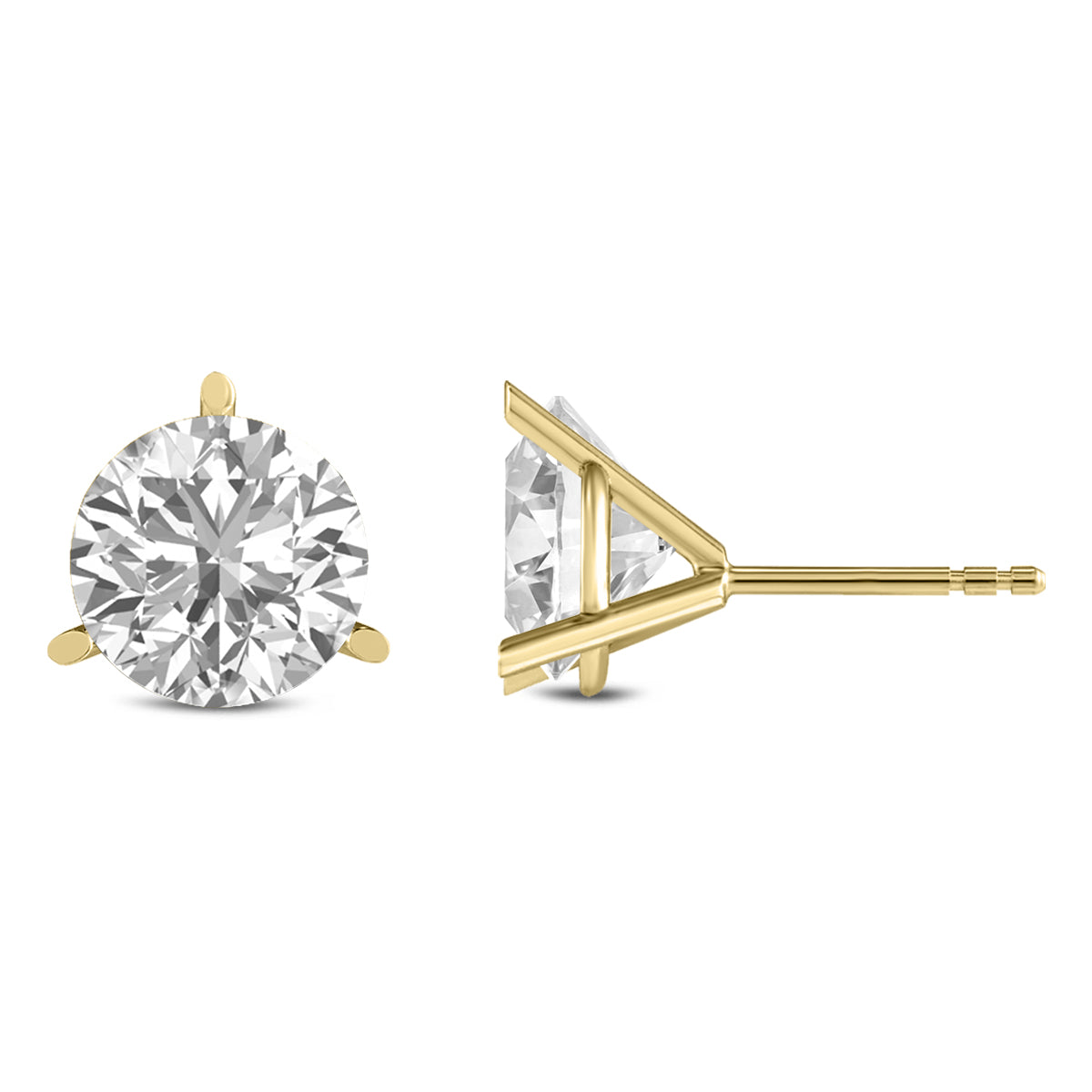 Round Solitaire Lab grown Diamond Earring Studs in 14 Karat Gold 3 Prong Martini Setting