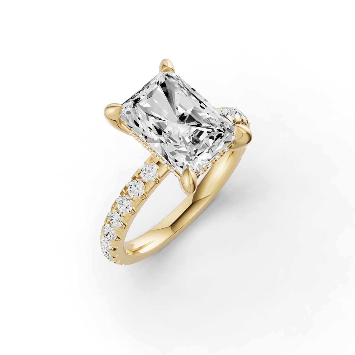 Radiant Hidden Halo Engagement Lab Grown Diamond Ring with Diamonds on the Shank