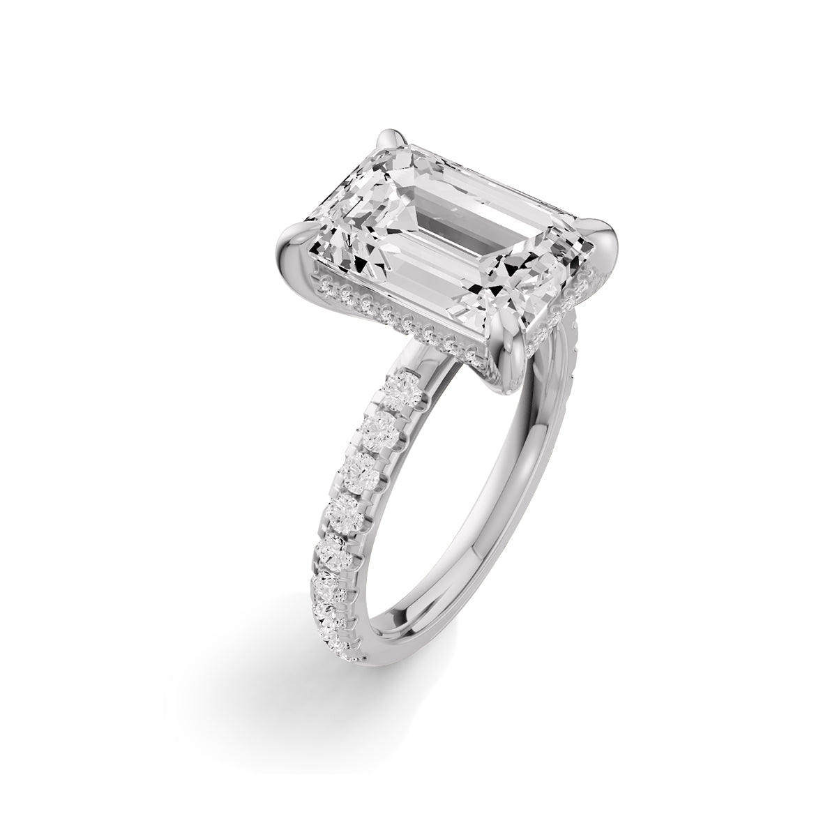 Emerald Hidden Halo Engagement Lab Grown Diamond Ring with Diamonds on the Shank