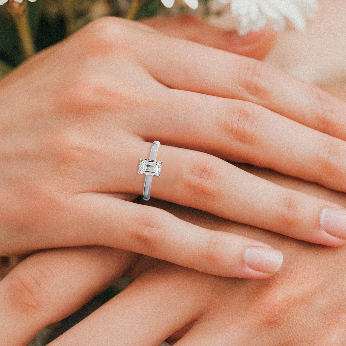 Emerald Hidden Halo Plain Shank Engagement Lab Grown Diamond Ring