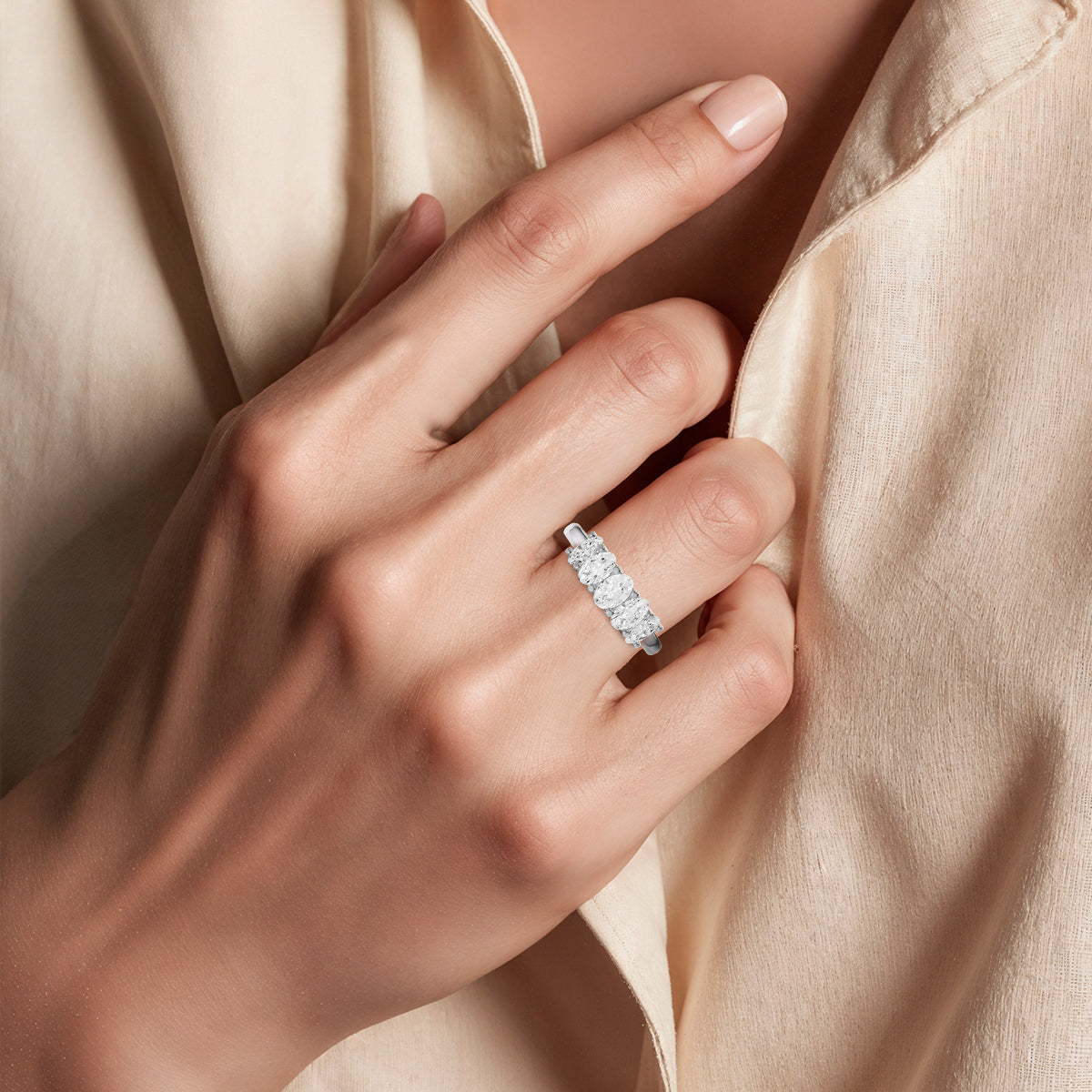 Oval Lab Grown Diamond Five-Stone Anniversary Band in 14 Karat Gold Unity Prong Setting