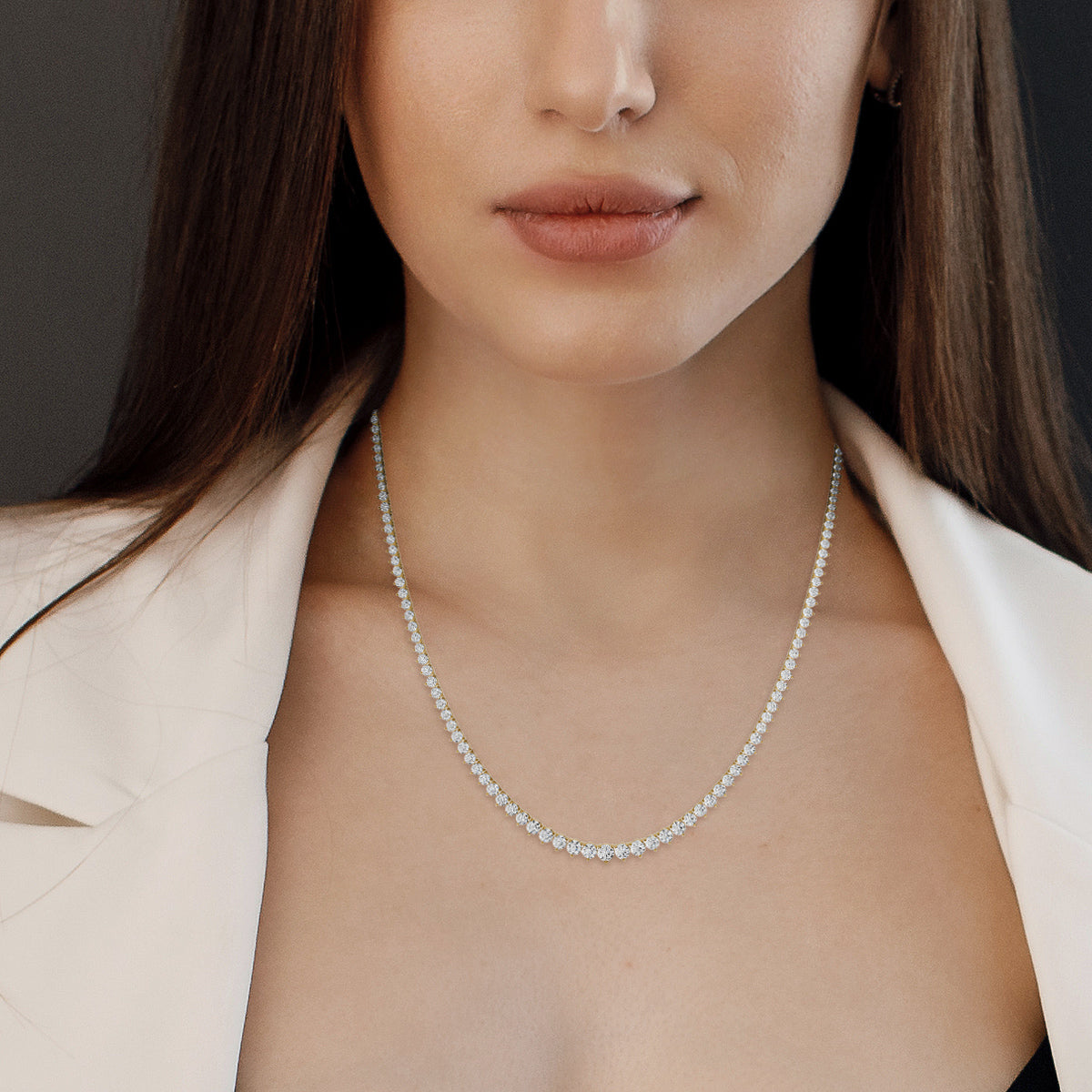 Graduated Lab Grown Diamond Tennis Necklace in 14 Karat Gold Set in 3 Prongs 18"