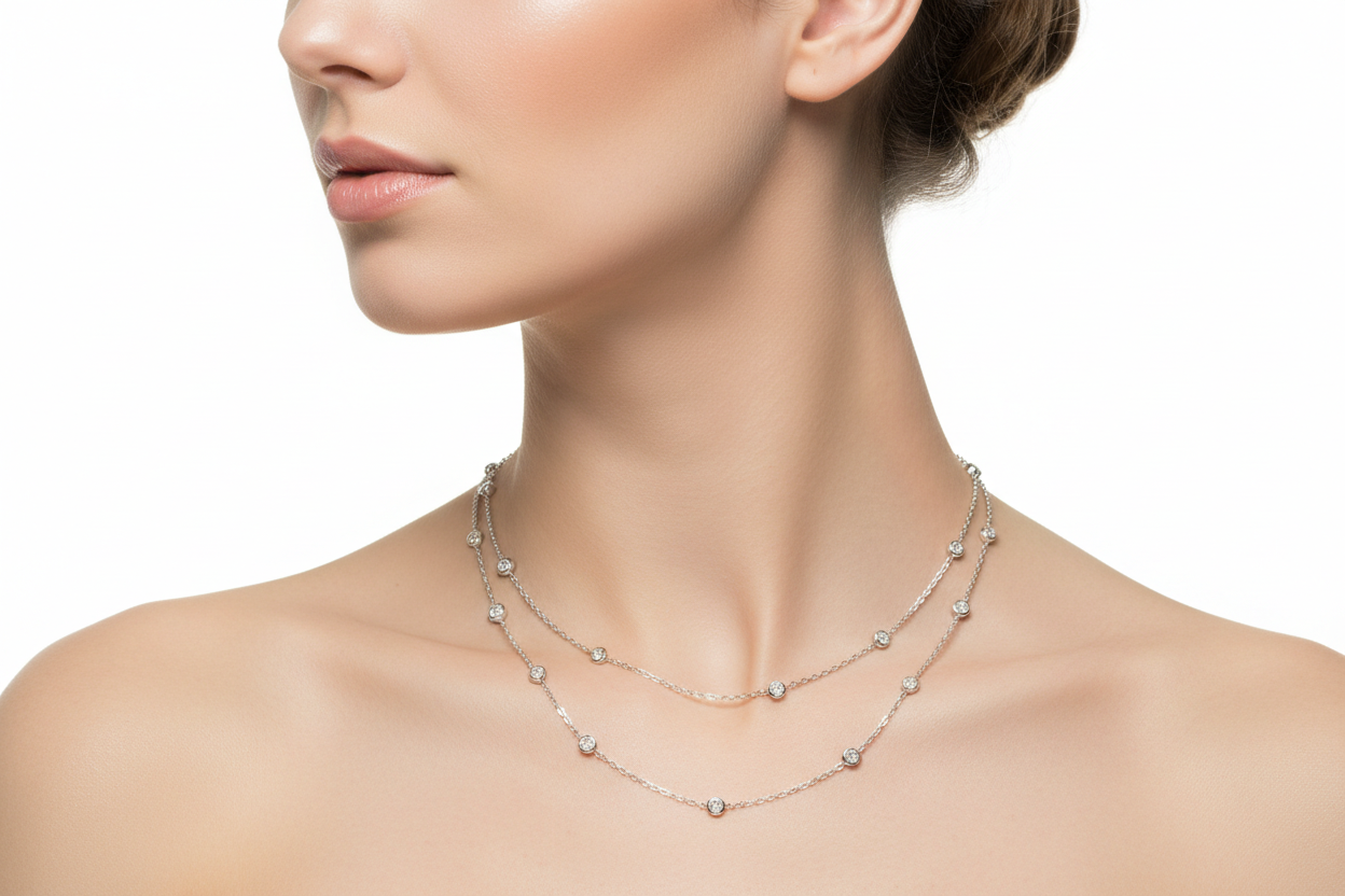 diamond by the yard necklace in white gold on model