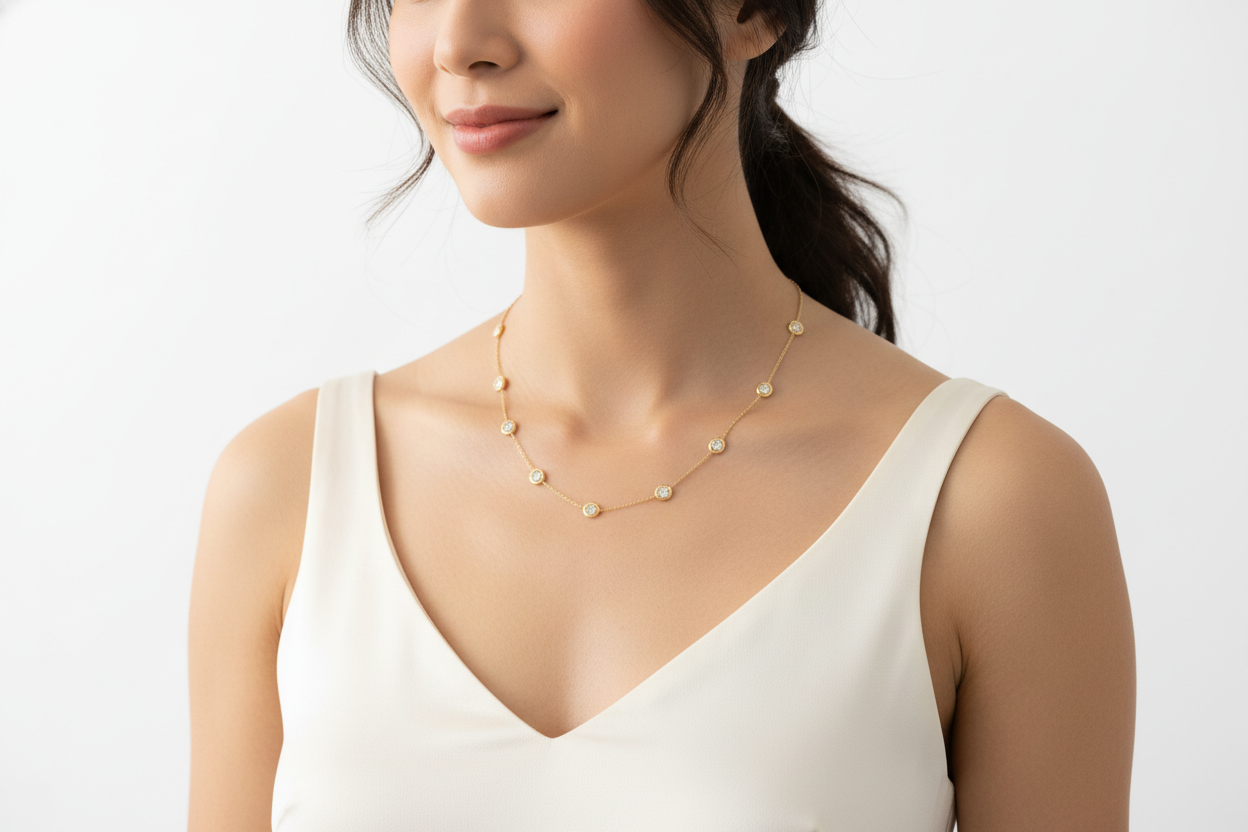 diamond station necklace on model