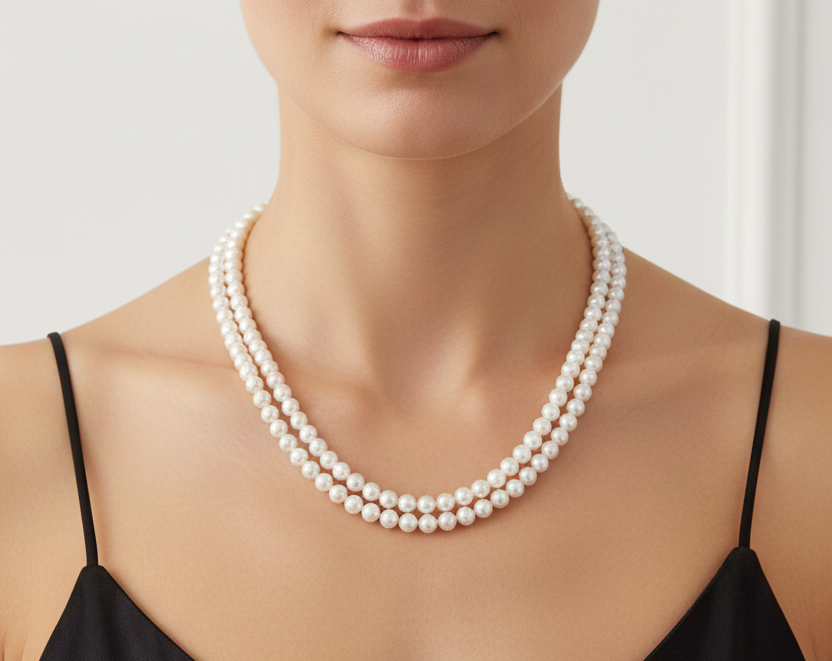 Double-Layered Pearl Necklace with Very Close Strands - Front View