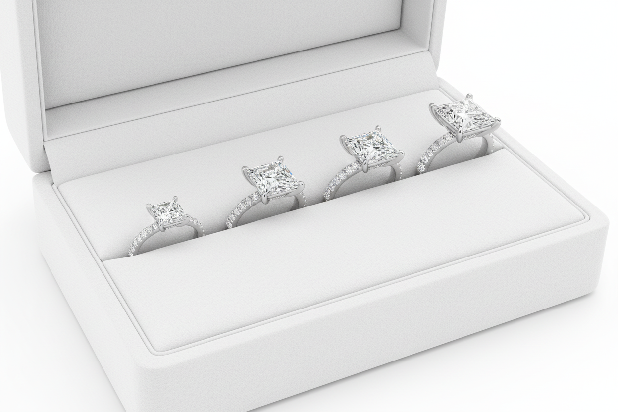 Five Princess Cut Rings Display Box Realistic