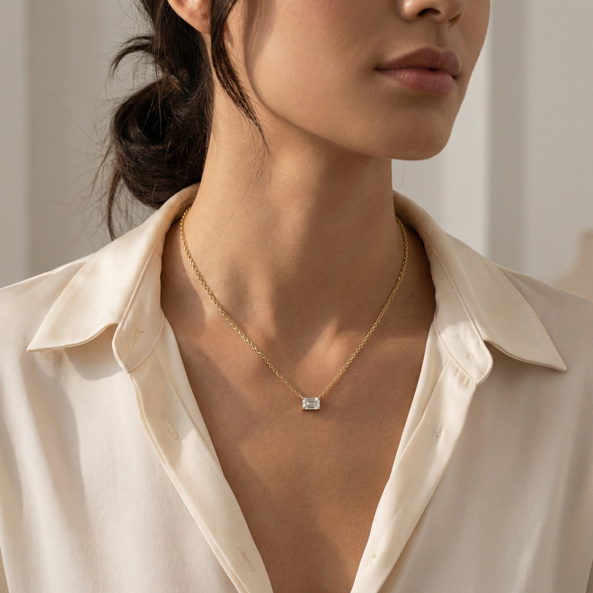 Emerald Floating Solitaire Lab Grown Diamond Pendant in 14K Gold Prong Setting