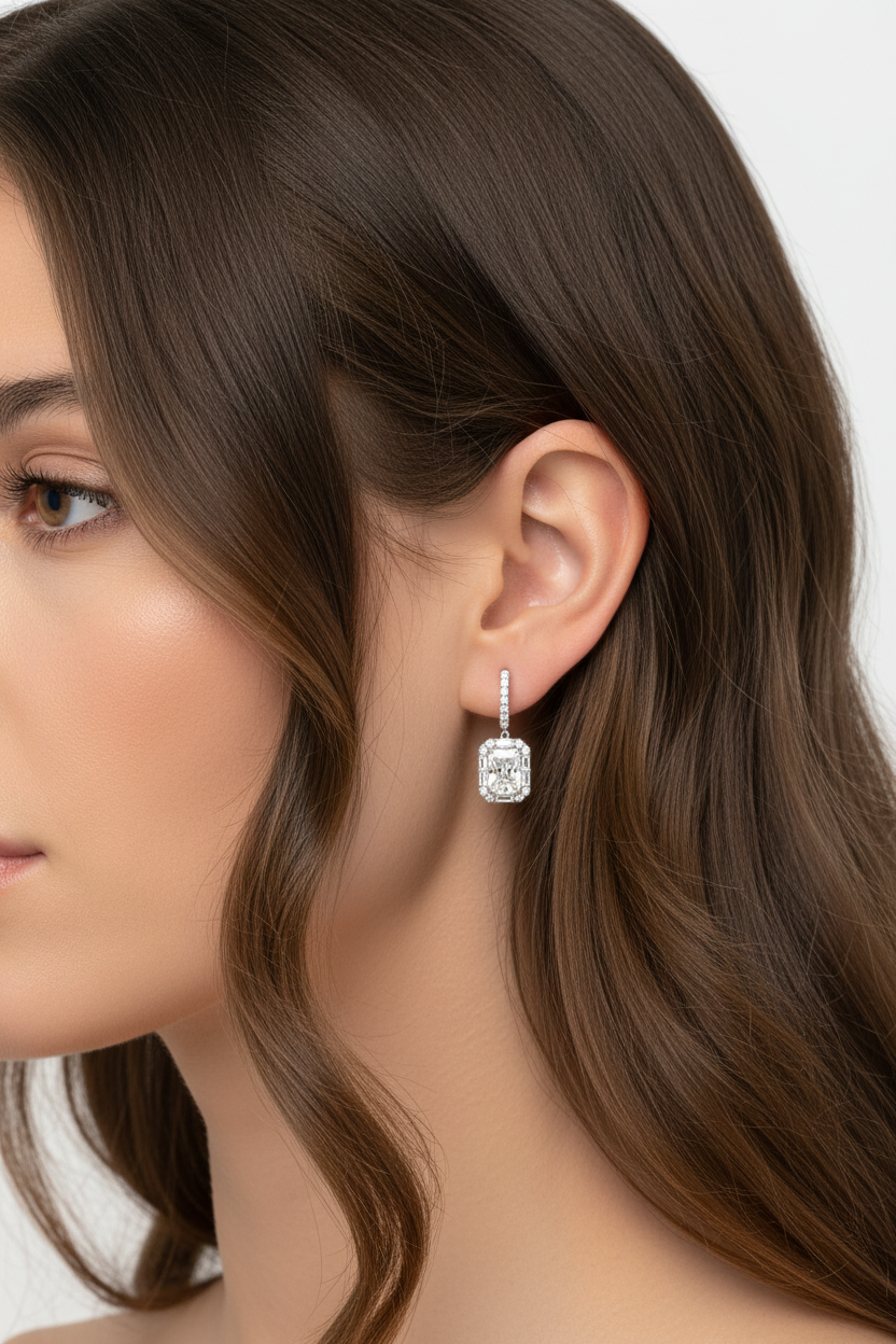 Micro-sized diamond earrings on model