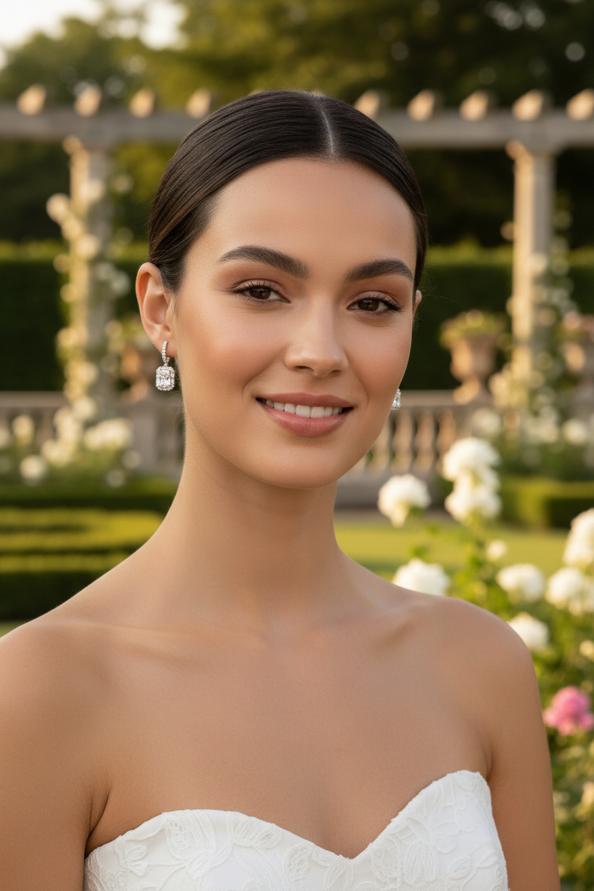 Model wearing diamond earrings outdoors with smile