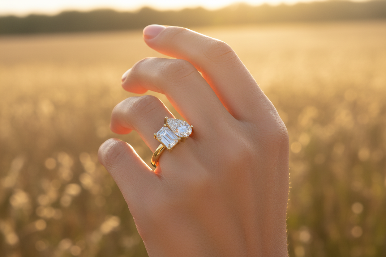 Professional outdoor lifestyle image of model wearing two-stone diamond ring