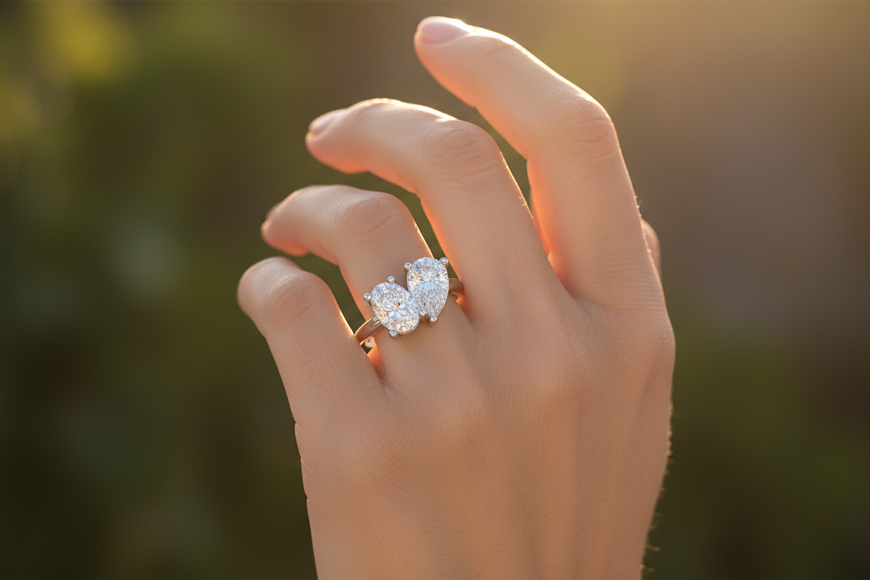 Professional outdoor lifestyle image of model wearing two-stone pear diamond ring