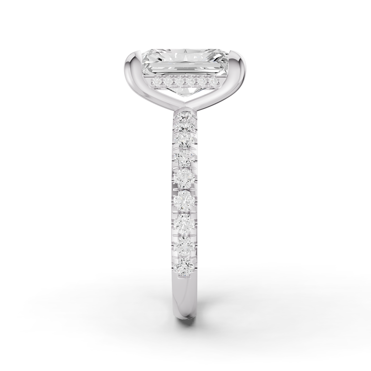 Radiant Hidden Halo Engagement Lab Grown Diamond Ring with Diamonds on the Shank