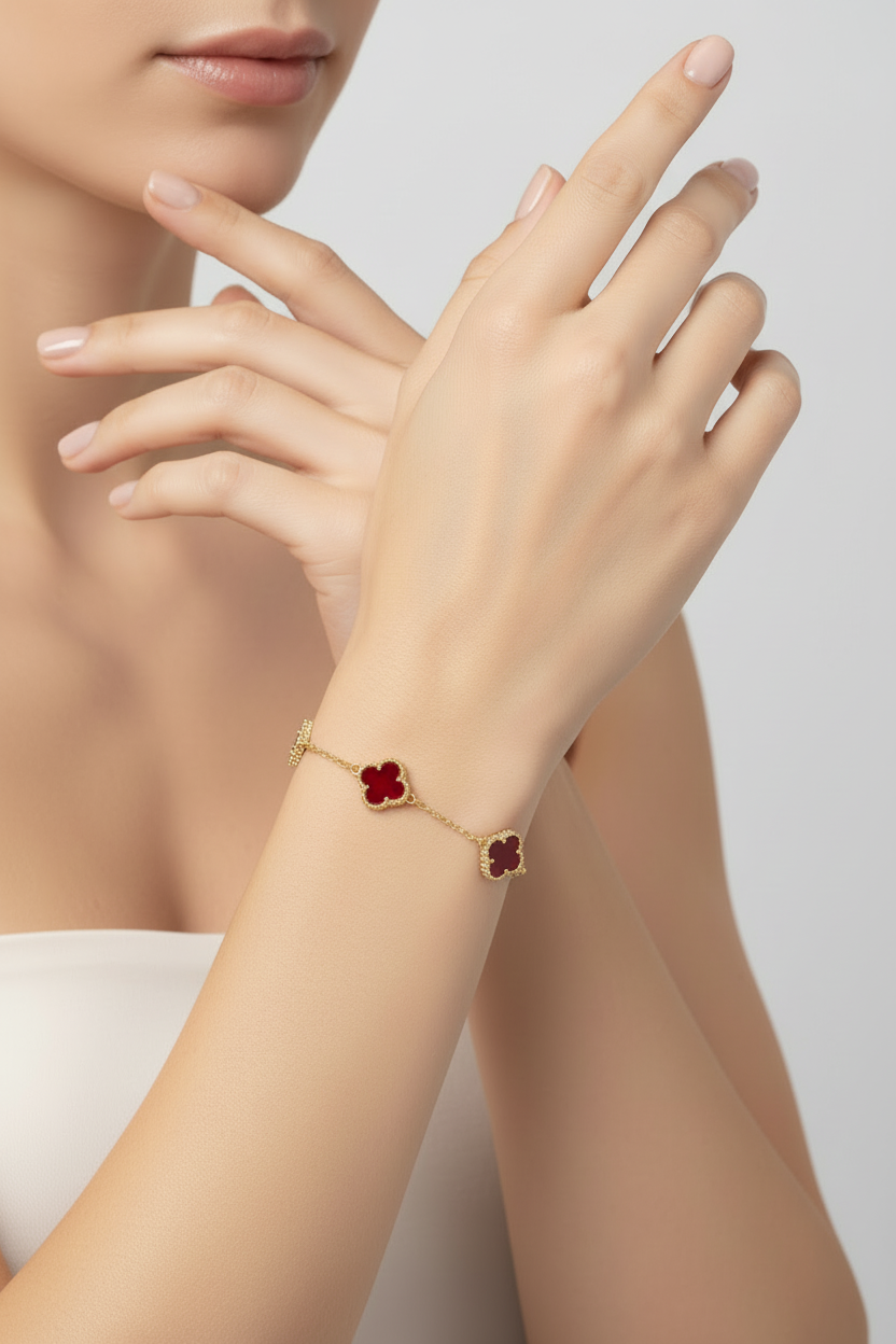 Red Carnelian Clover Bracelet on Model - Alt