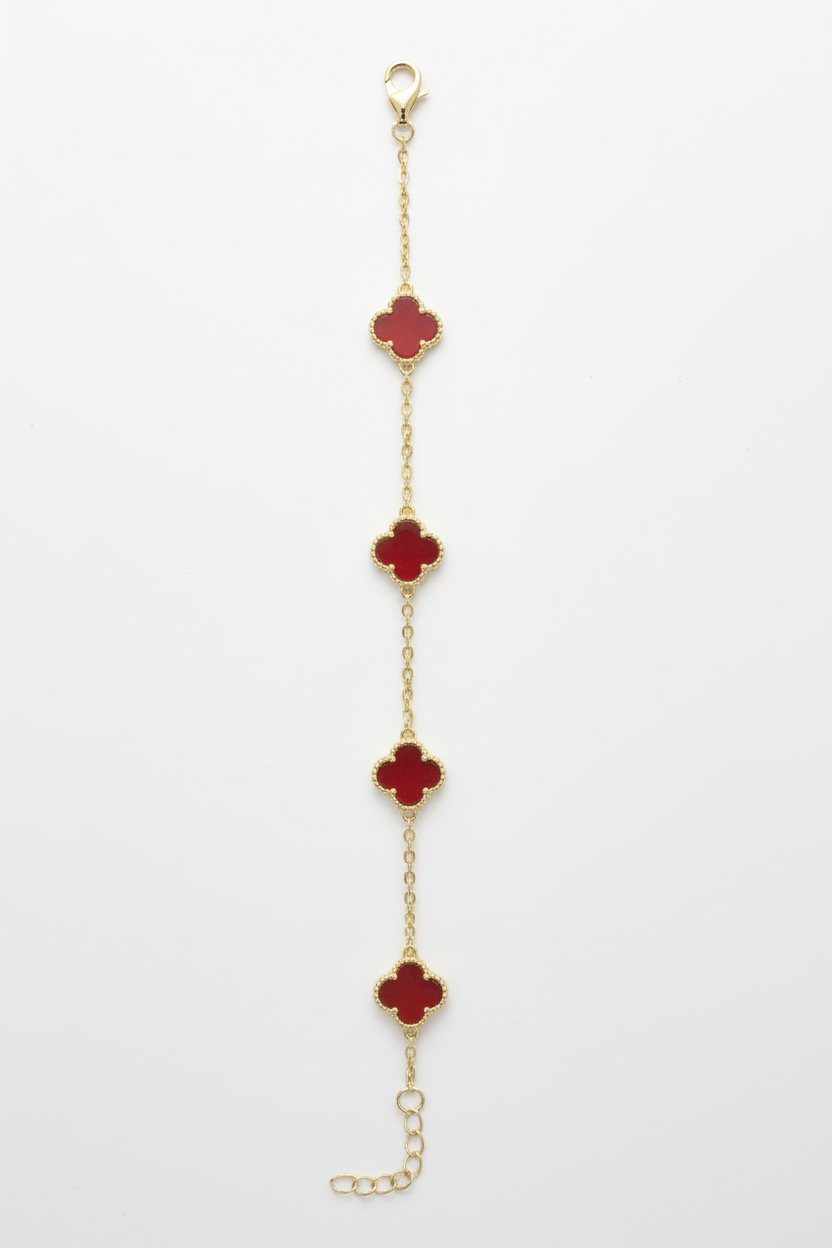 Red Carnelian & Gold Clover Bracelet - Bright