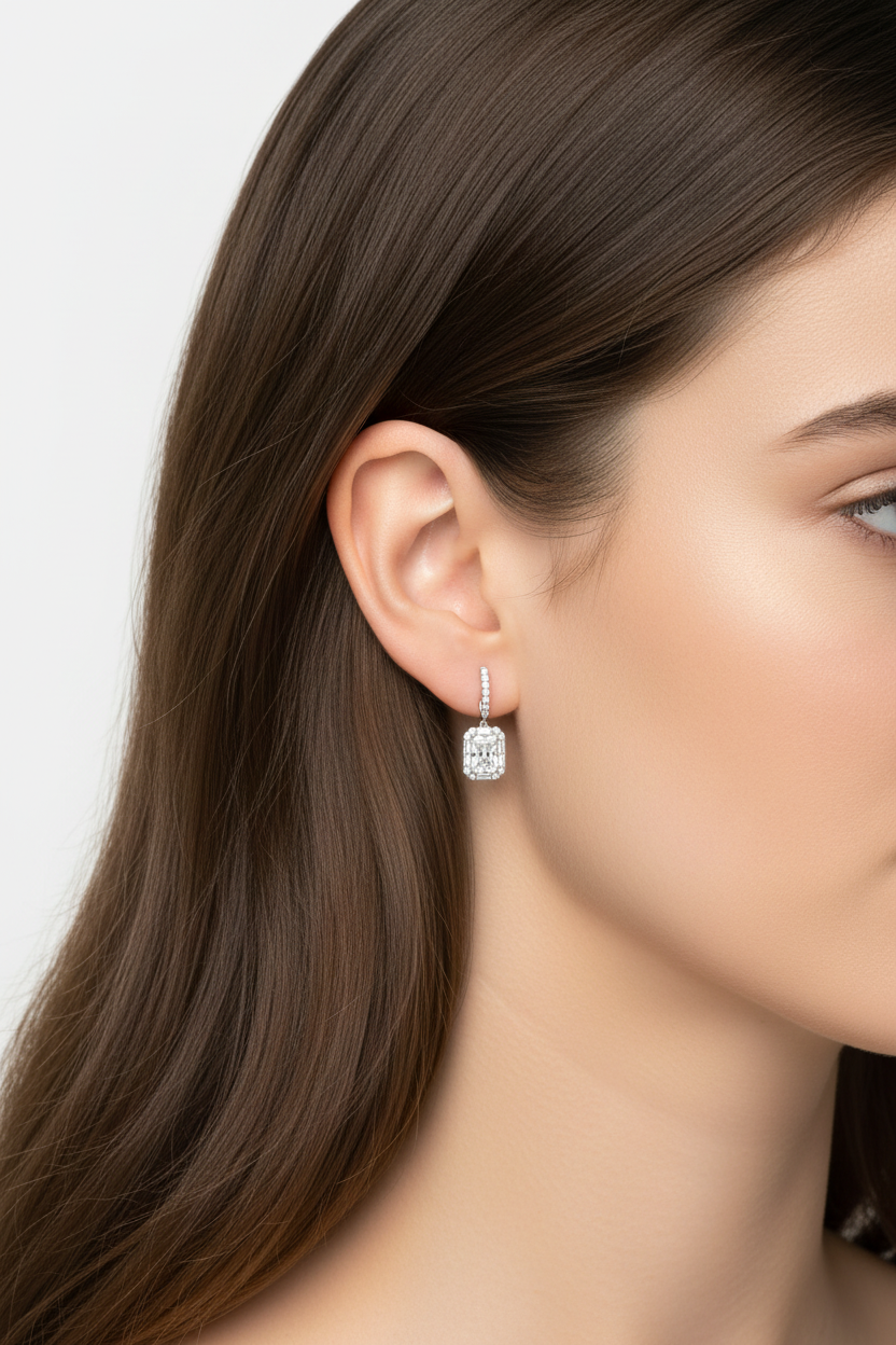 Tiniest diamond earrings on model