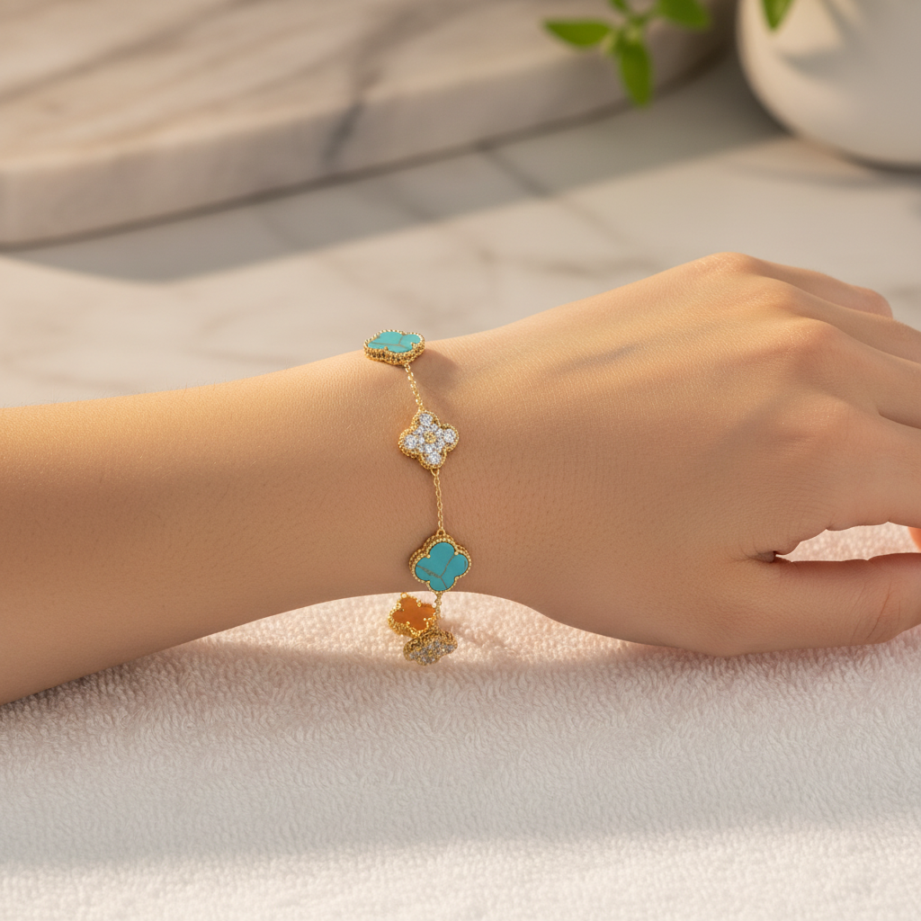 Turquoise CZ Clover Bracelet on Model's Wrist