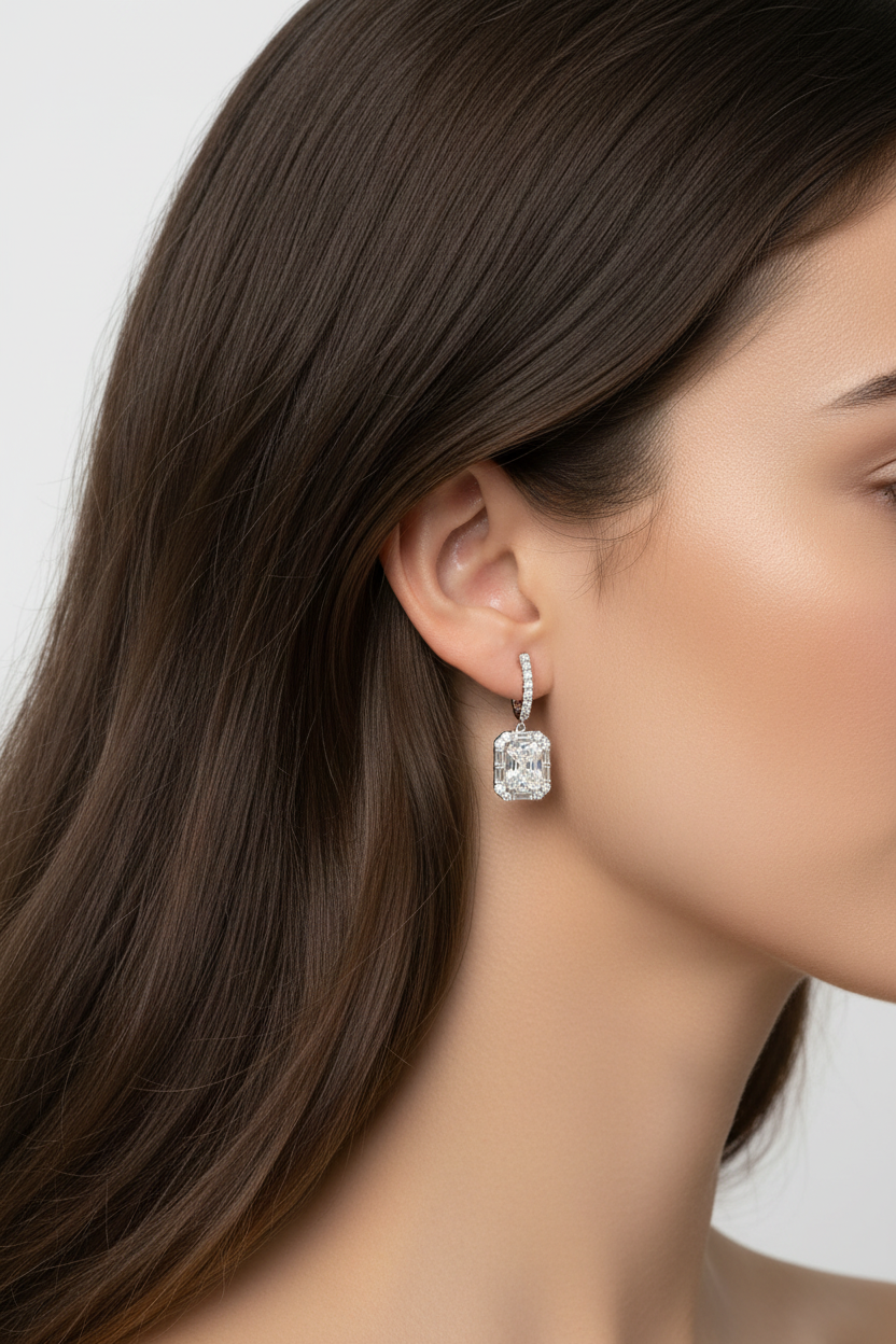 Ultra-tiny diamond earrings on model with hair down
