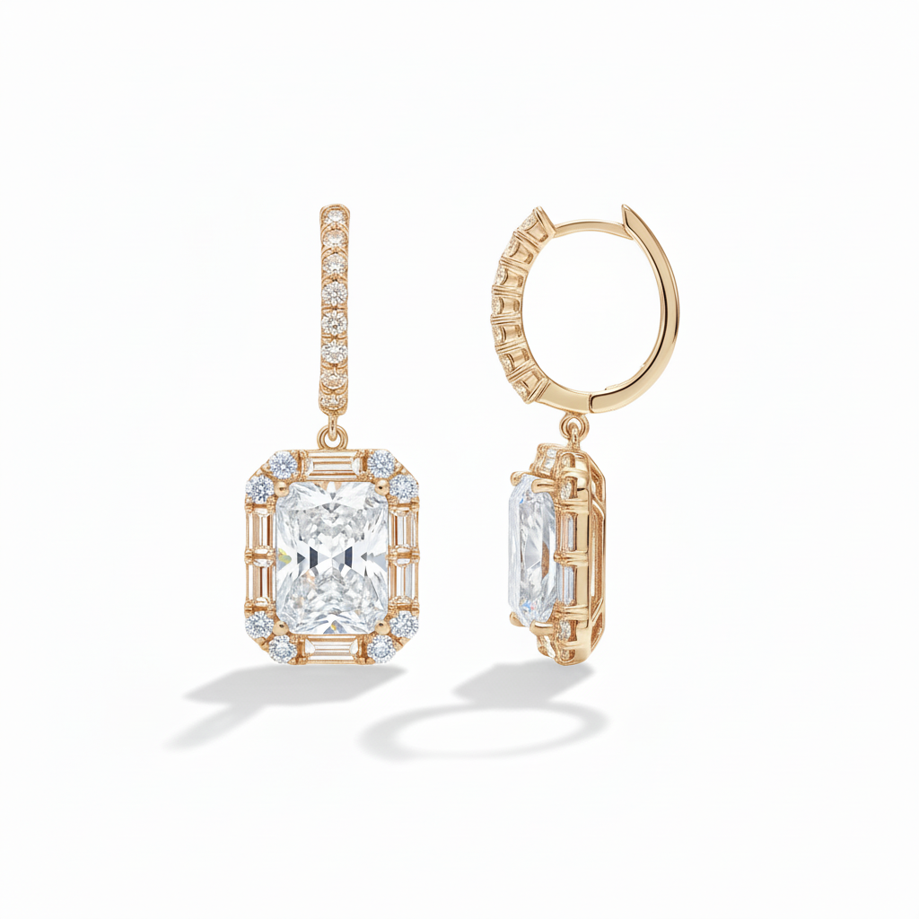 Very light yellow gold diamond drop earrings
