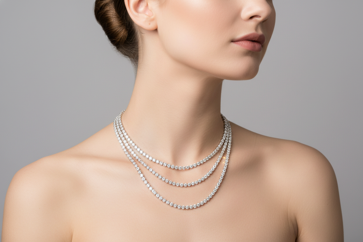 3 layer tennis necklace on model