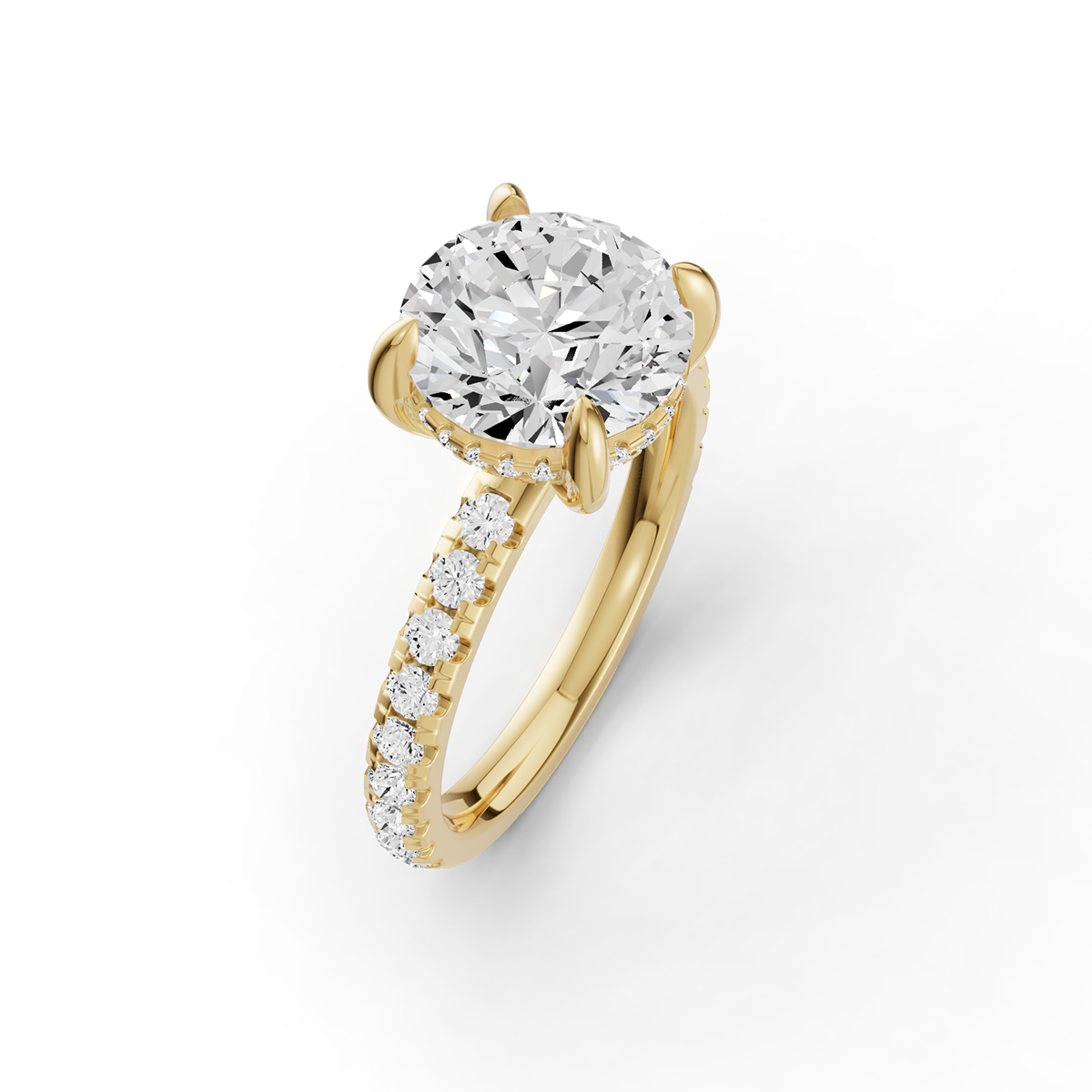 Round Hidden Halo Engagement Lab Grown Diamond Ring with Diamonds on the Shank