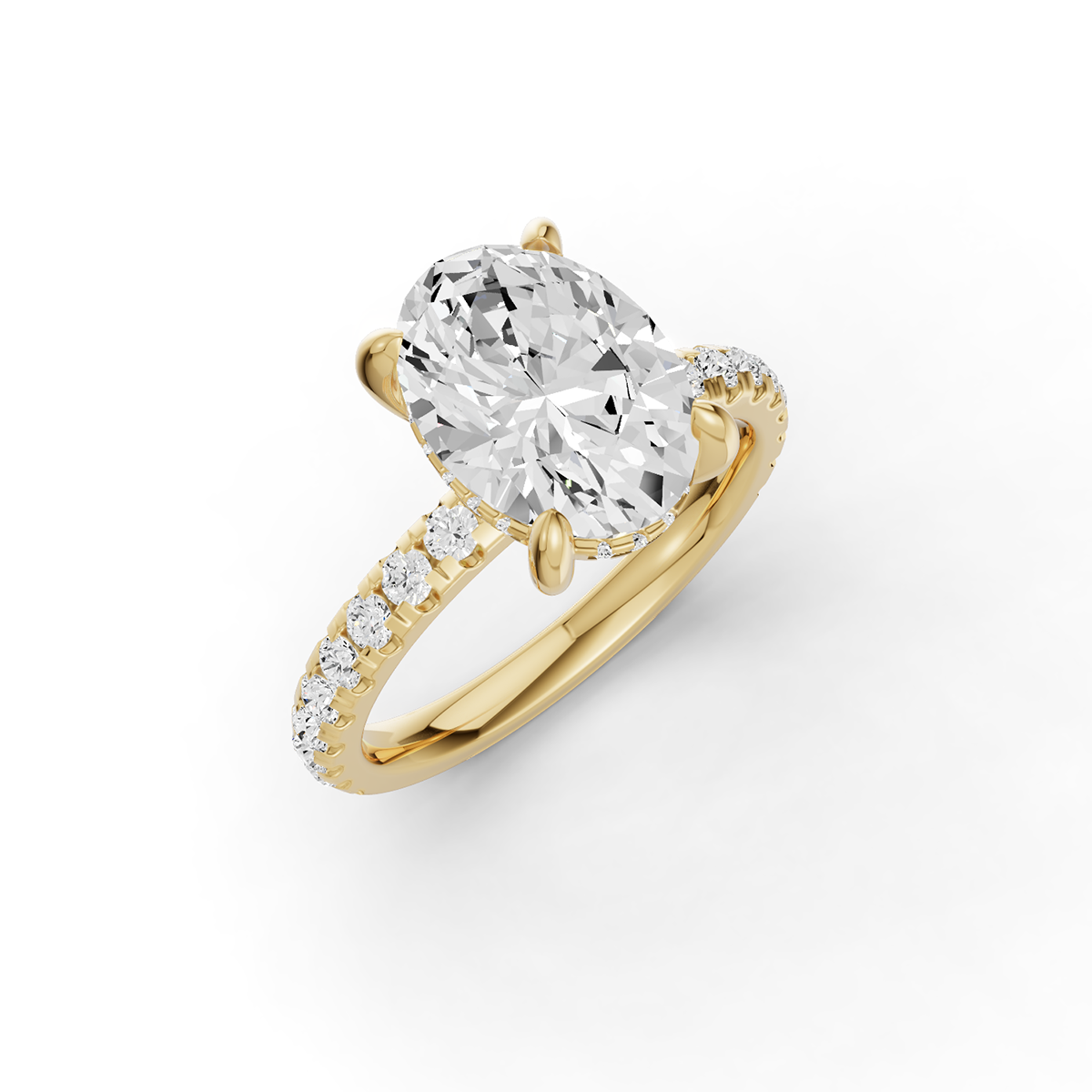 Oval Hidden Halo Engagement Lab Grown Diamond Ring with Diamonds on the Shank