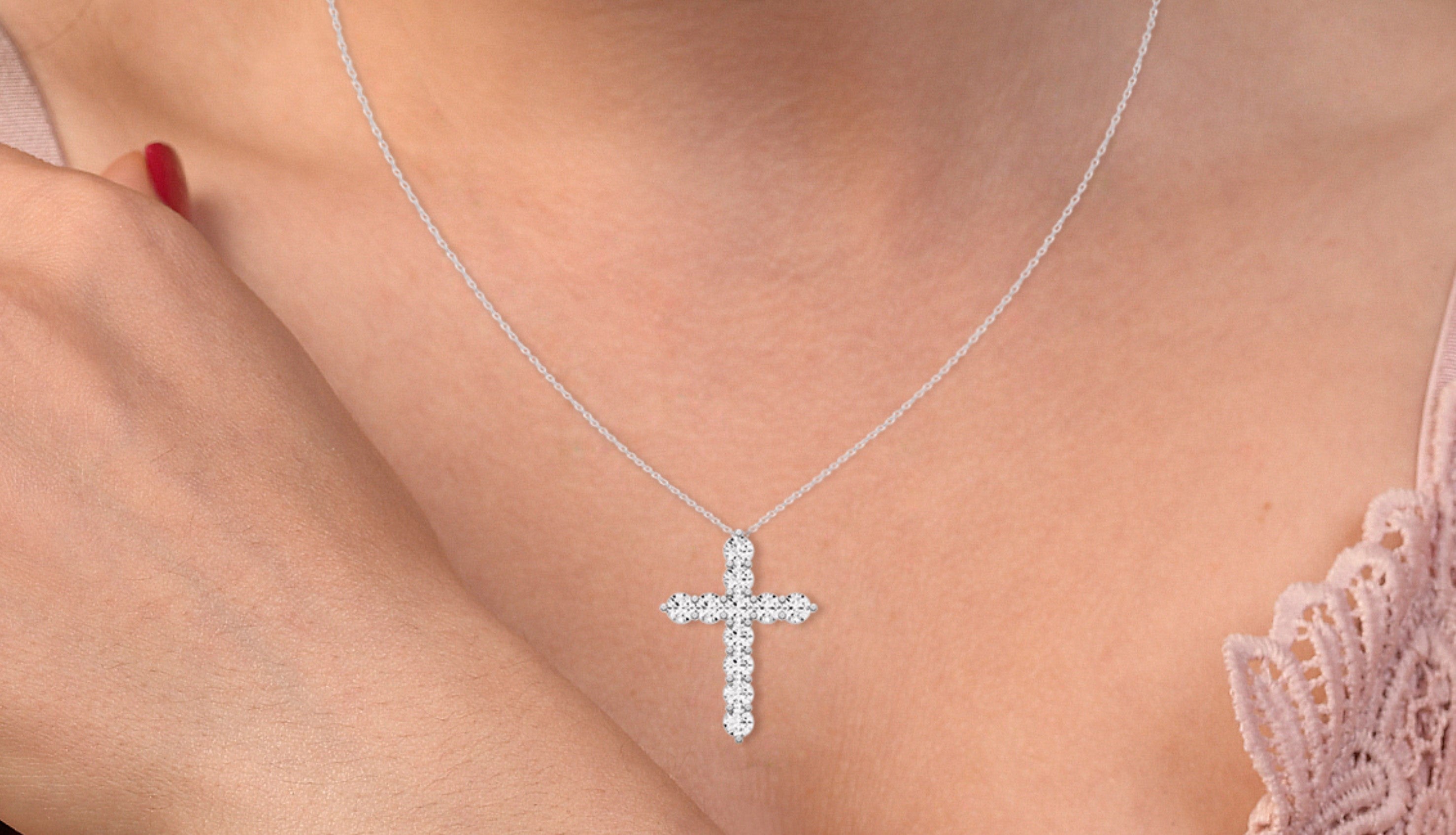 Round Lab Grown Diamond Cross Pendant in 14 Karat Gold