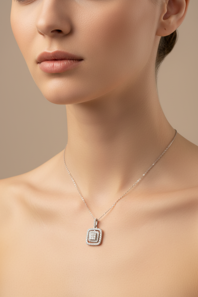 Delicate Double Halo Pendant on Model