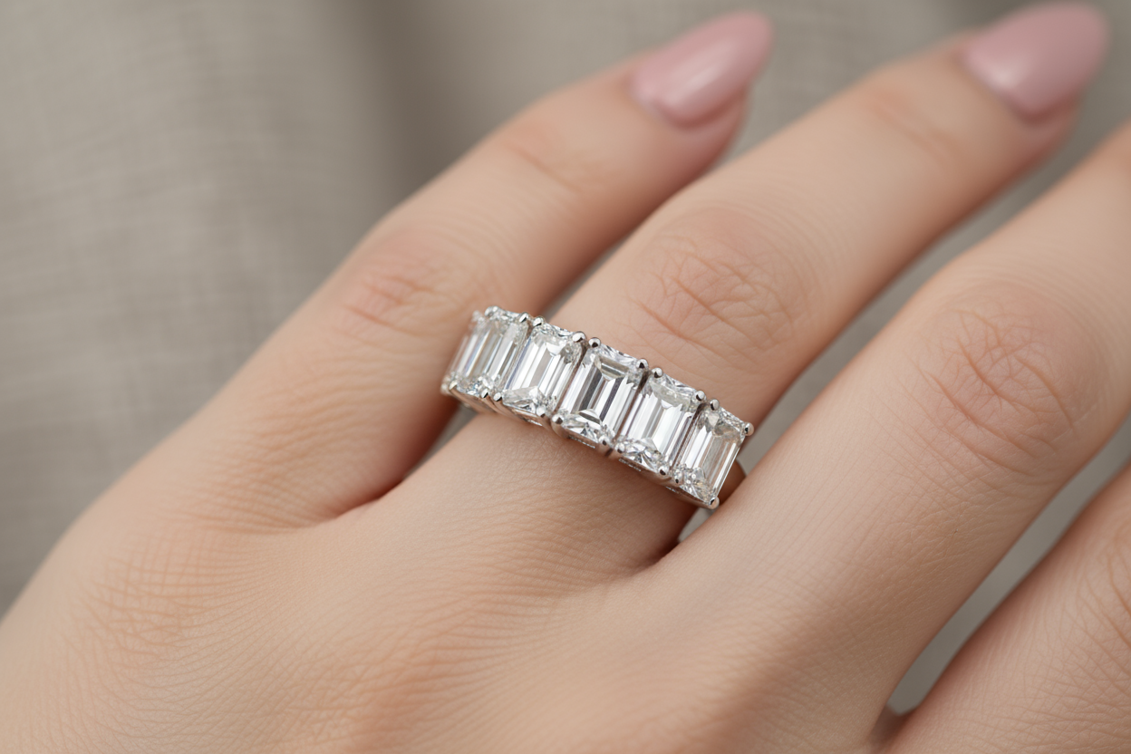 emeald cut 5 stone ring with double prongs on model
