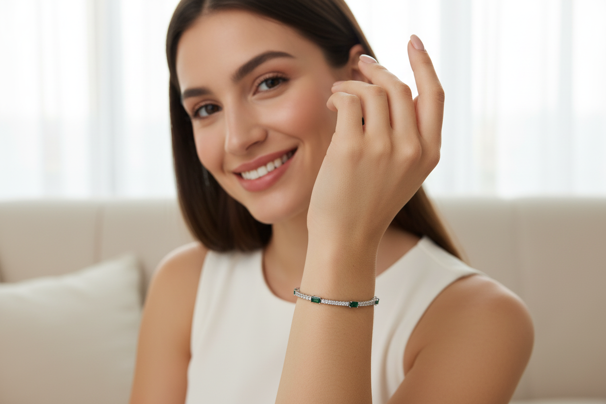 Emerald and diamond bracelet on smiling model