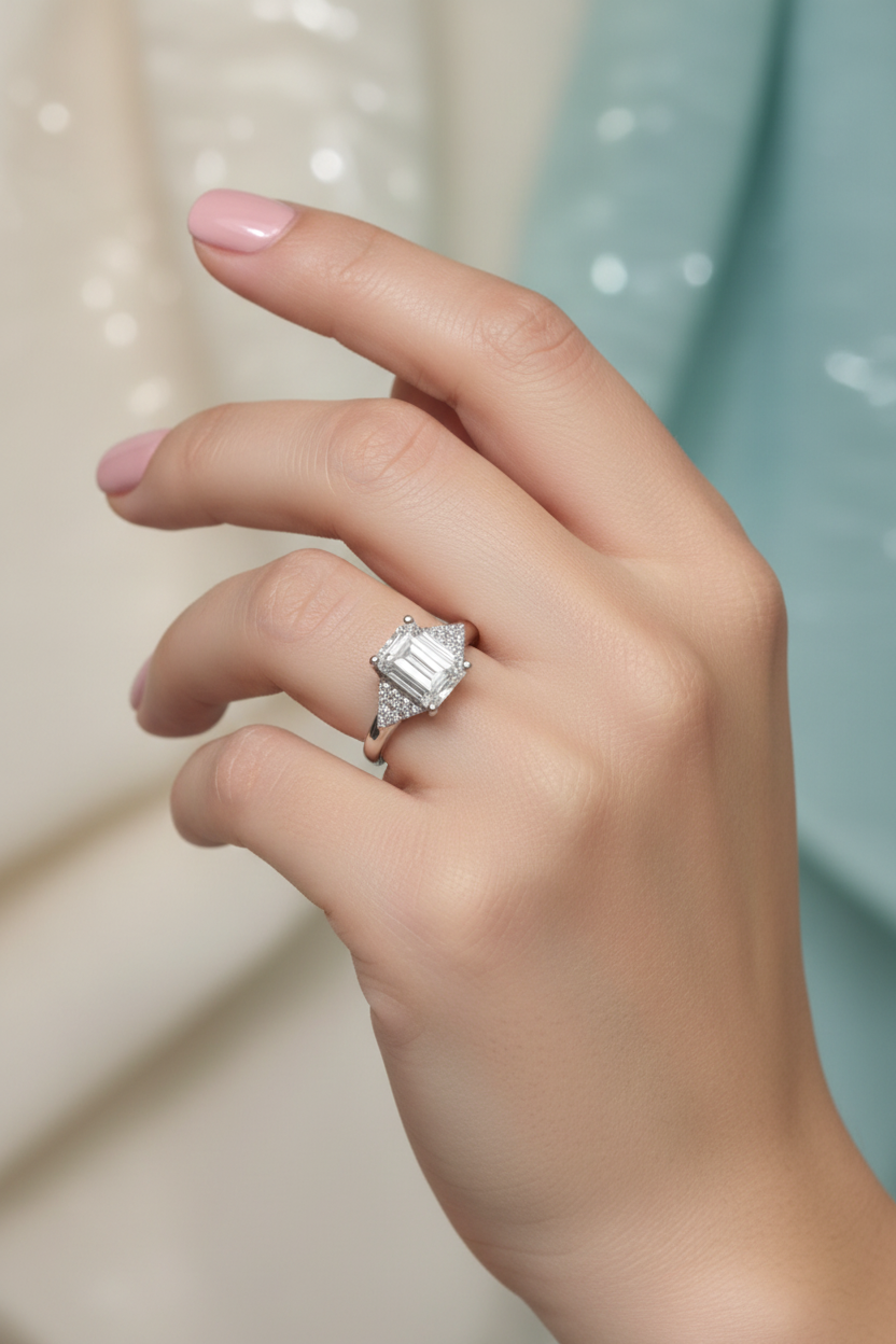 Emerald ring with nail polish on model