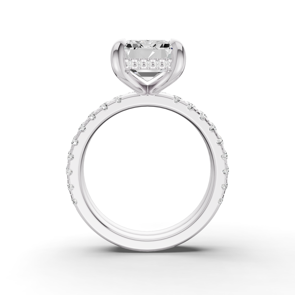 Emerald Hidden Halo Engagement Lab Grown Diamond Ring with Diamonds on the Shank