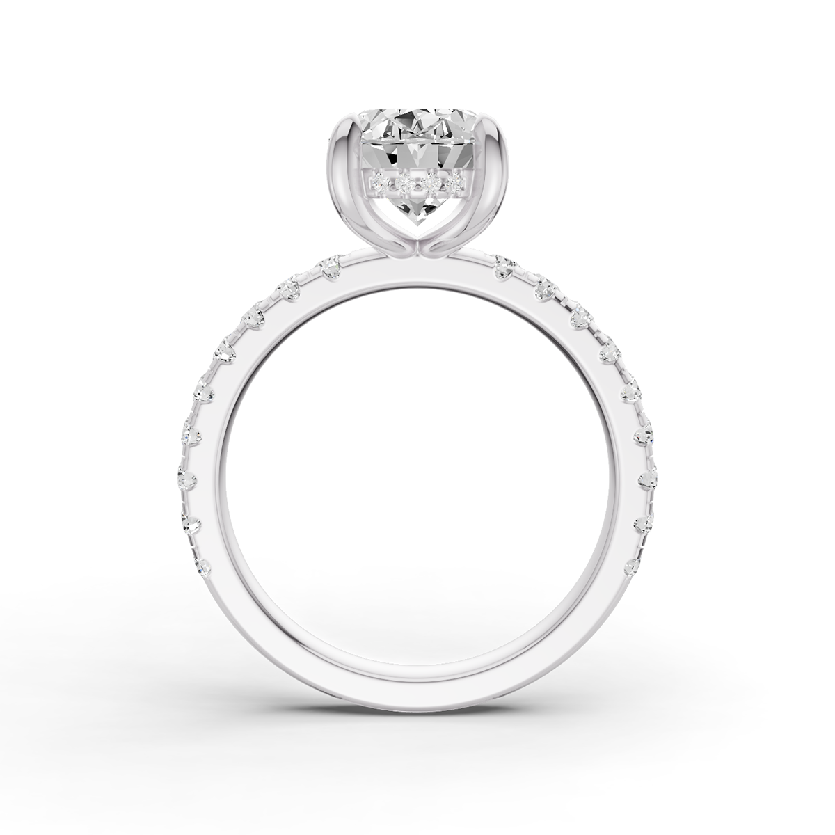 Oval Hidden Halo Engagement Lab Grown Diamond Ring with Diamonds on the Shank