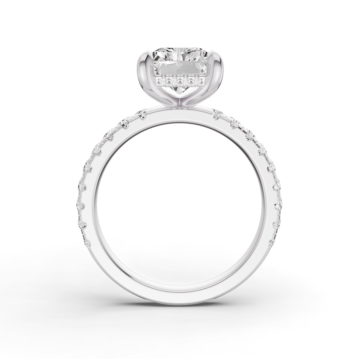 Radiant Hidden Halo Engagement Lab Grown Diamond Ring with Diamonds on the Shank