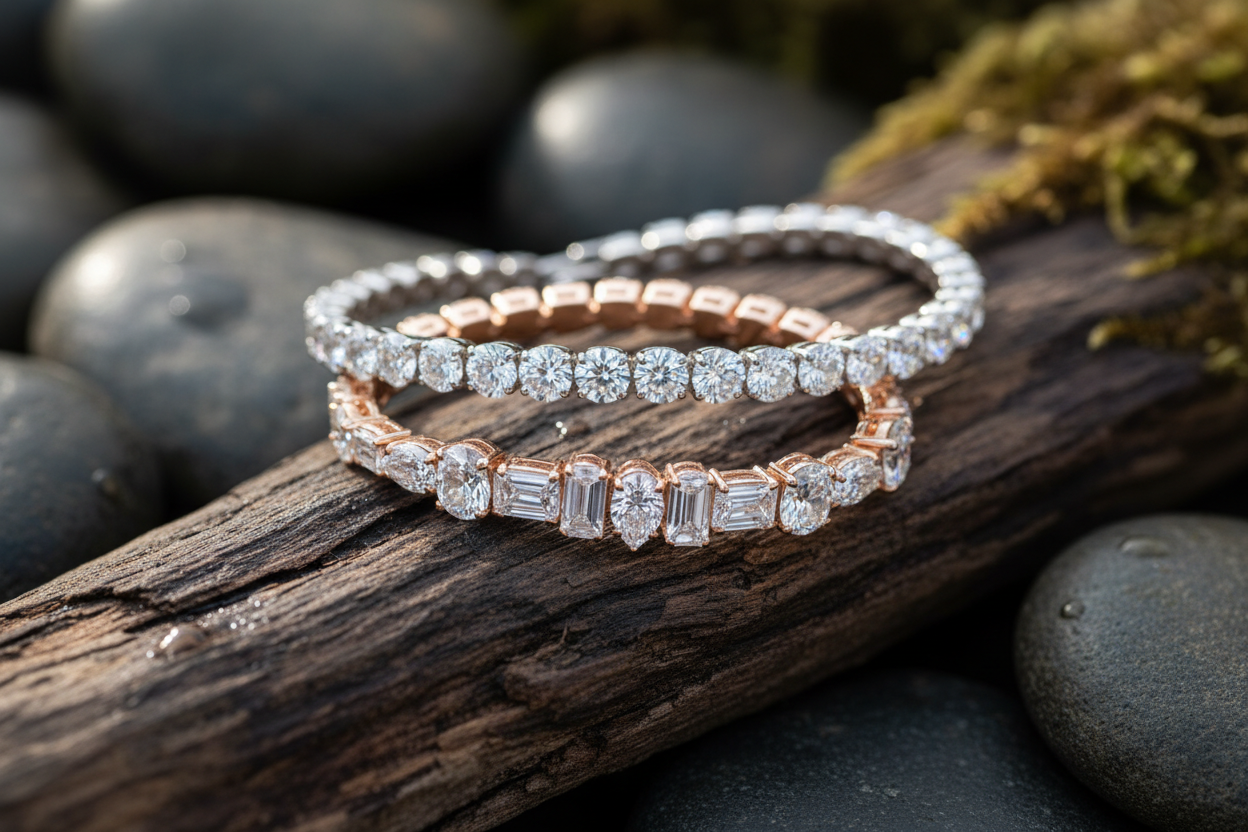 round tennis bracelets and multi shape tennis bracelets in nature background