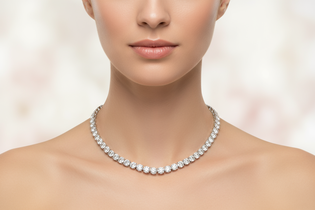 short diamond tennis necklace on model