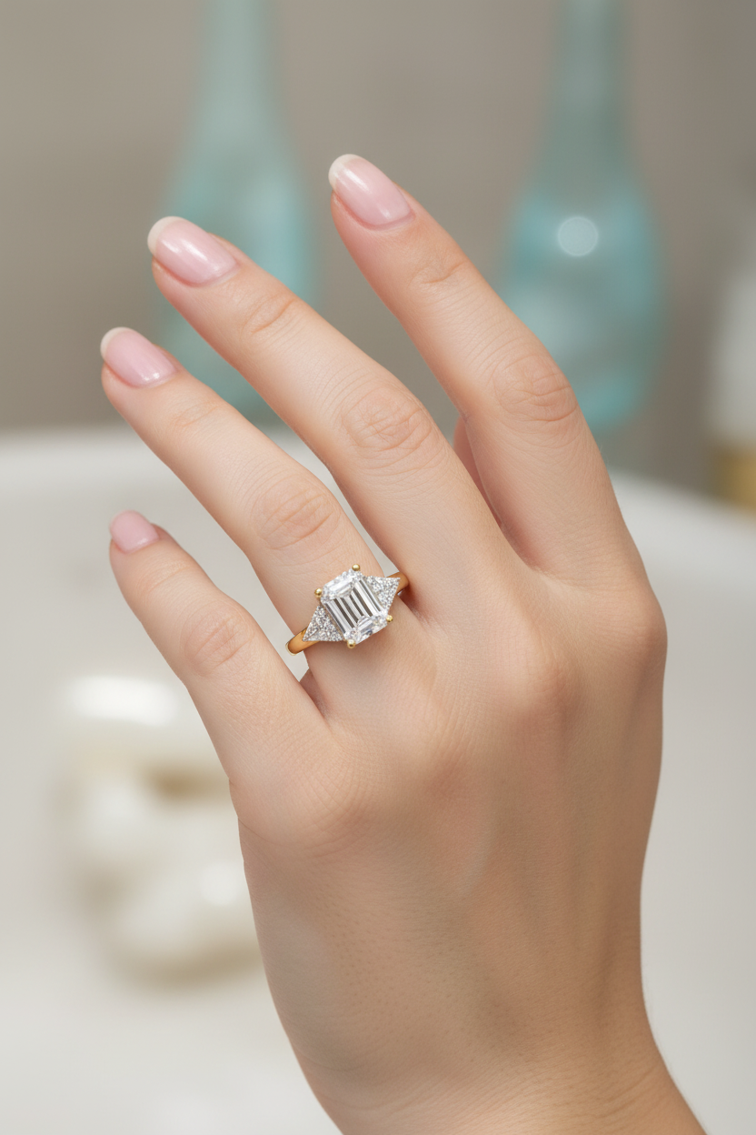 Yellow gold emerald ring on model